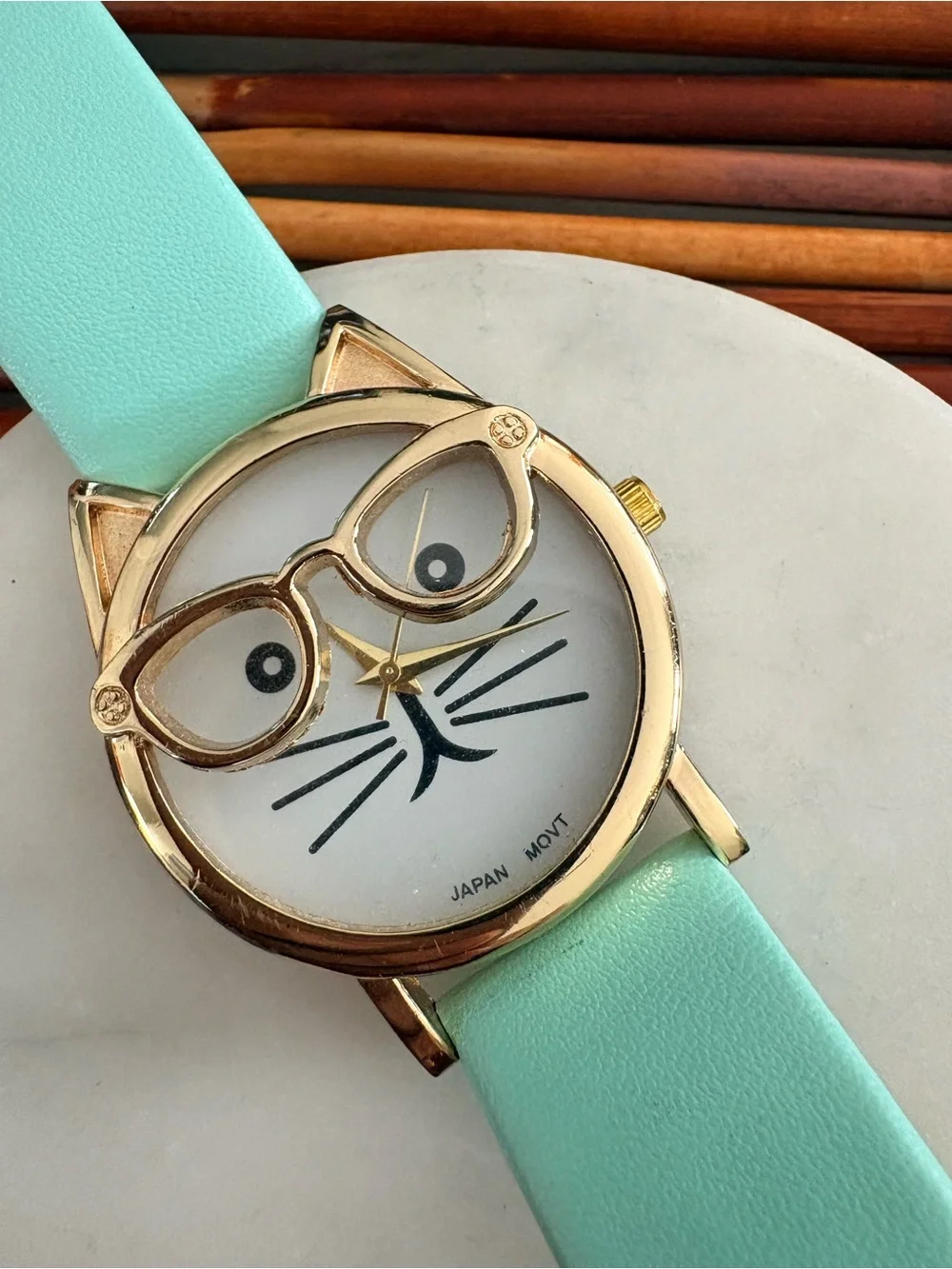 Mint Cat Watch with Gold Accents Needs Battery